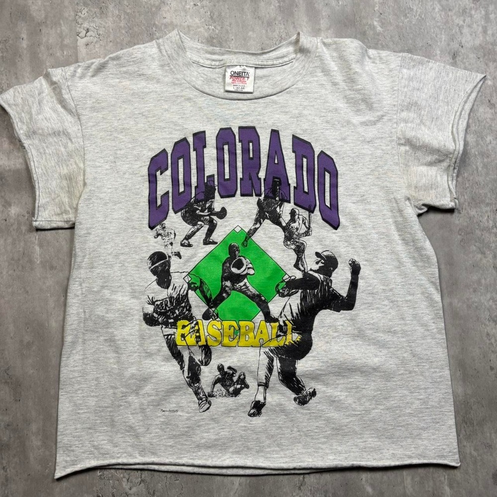 Oneita Colorado Rockies T-Shirt Small Grey Vintage 90s Cropped Baseball Tee